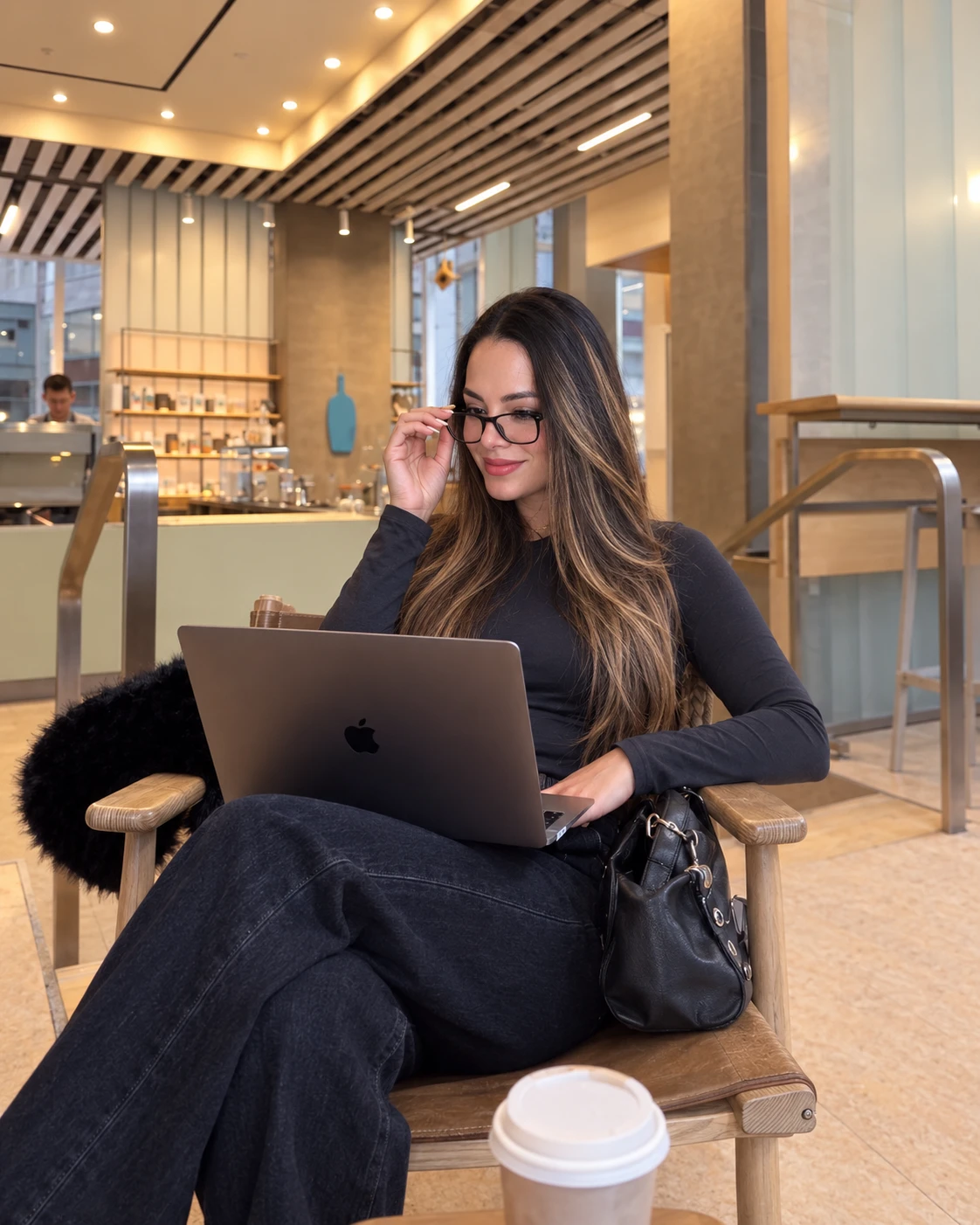 Betsy Castro working on a laptop in a caf&eacute;.